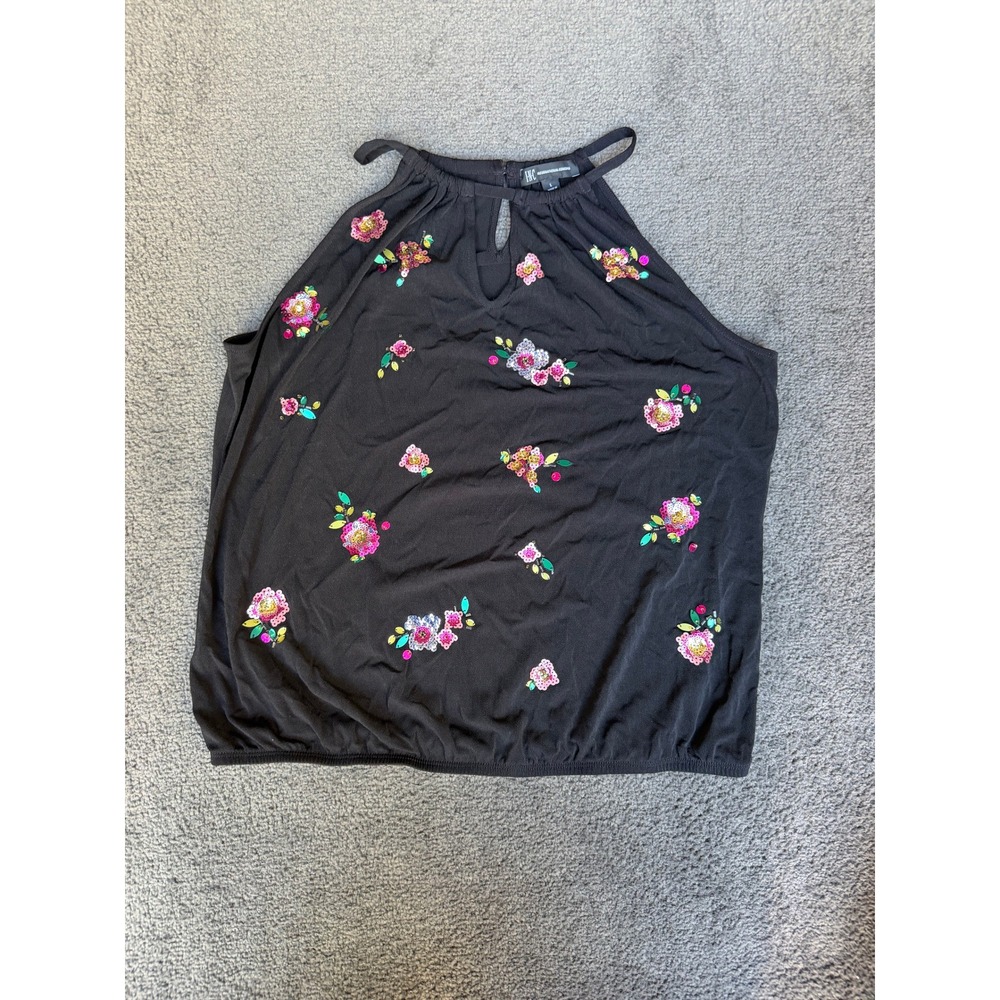 INC International Concepts Black Floral Sequin Halter Top Large Bubble Hem